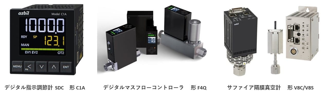 FAゾーンで展示する商品 デジタル指示調節計 SDC 形 C1A デジタルマスフローコントローラ 形 F4Q サファイア隔膜真空計 形 V8C/V8S